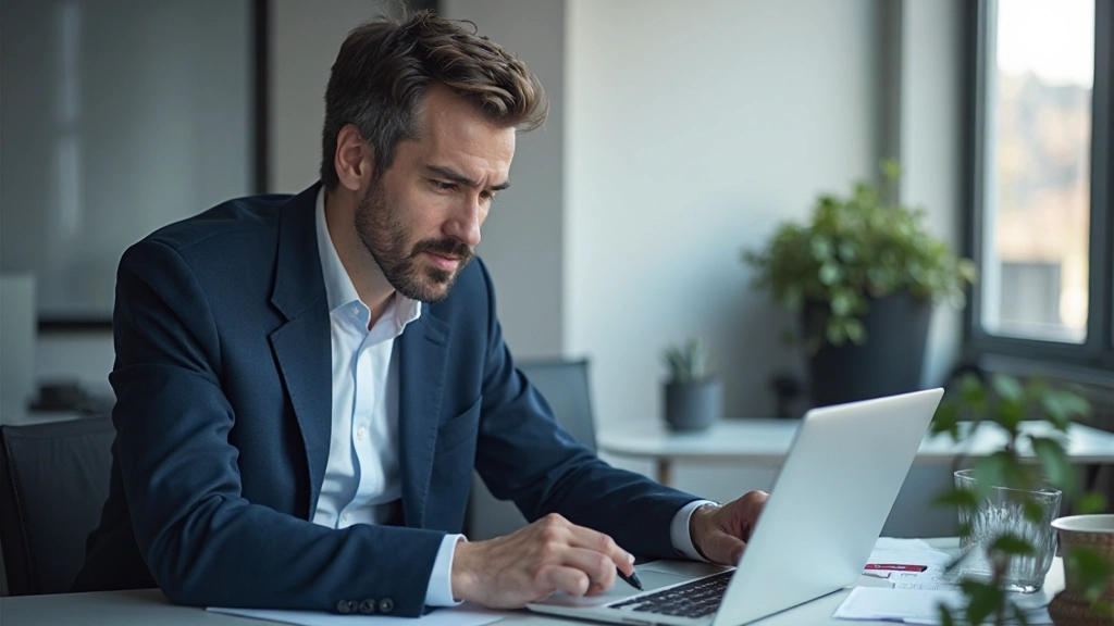 Geschäftsanalyst untersucht Wettbewerber auf Laptop in modernem Büro