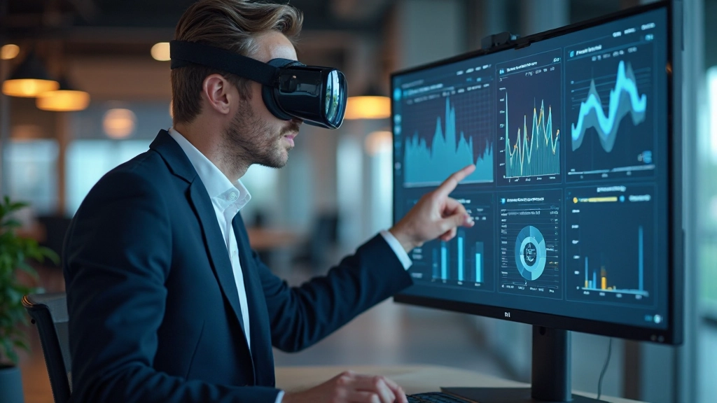 Geschäftsanalyst untersucht AR/VR-Leistungsmetriken auf großem digitalen Display in modernem Büro