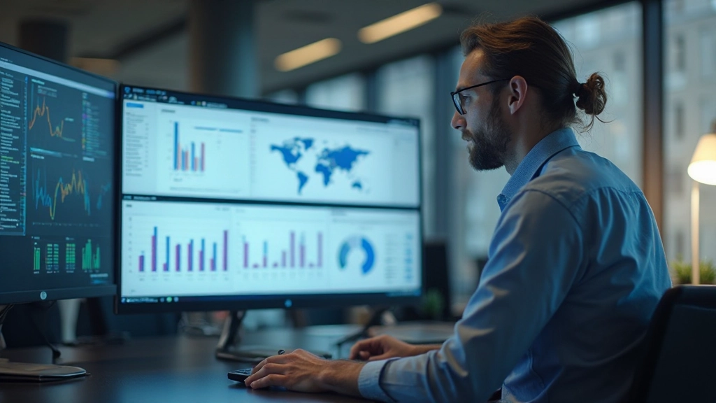 Foto eines Business-Analysten, der Dashboard-Metriken überprüft und Probleme in der Bestandsverwaltung identifiziert, mit mehreren Diagrammen auf dem Bildschirm, Büro mit modernen Möbeln, professionelle Beleuchtung, verschwommener Hintergrund, KEIN Text, KEINE Wasserzeichen