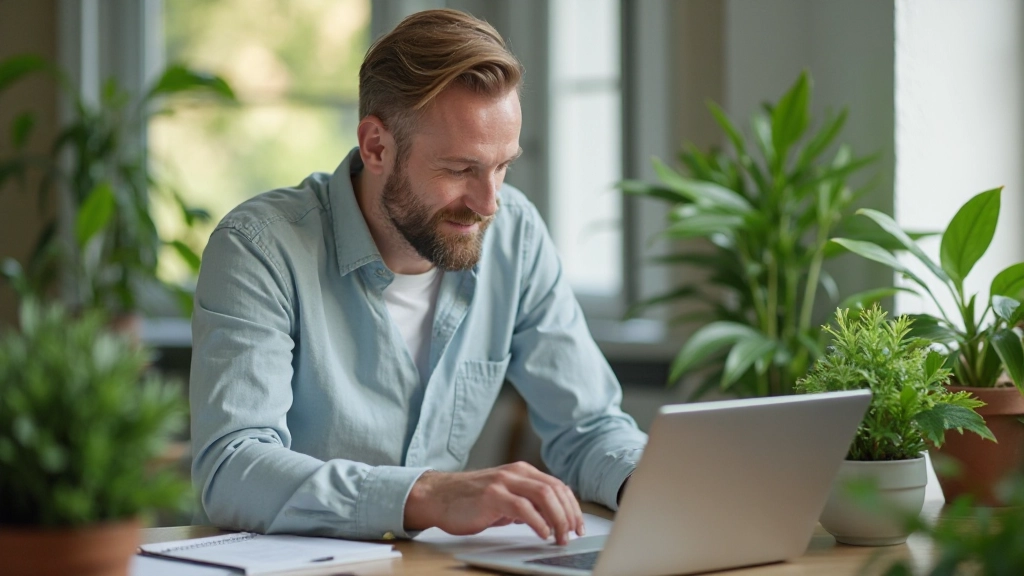 Nachhaltige E-Commerce-Praktiken in modernem Büro mit grünen Pflanzen und Laptop