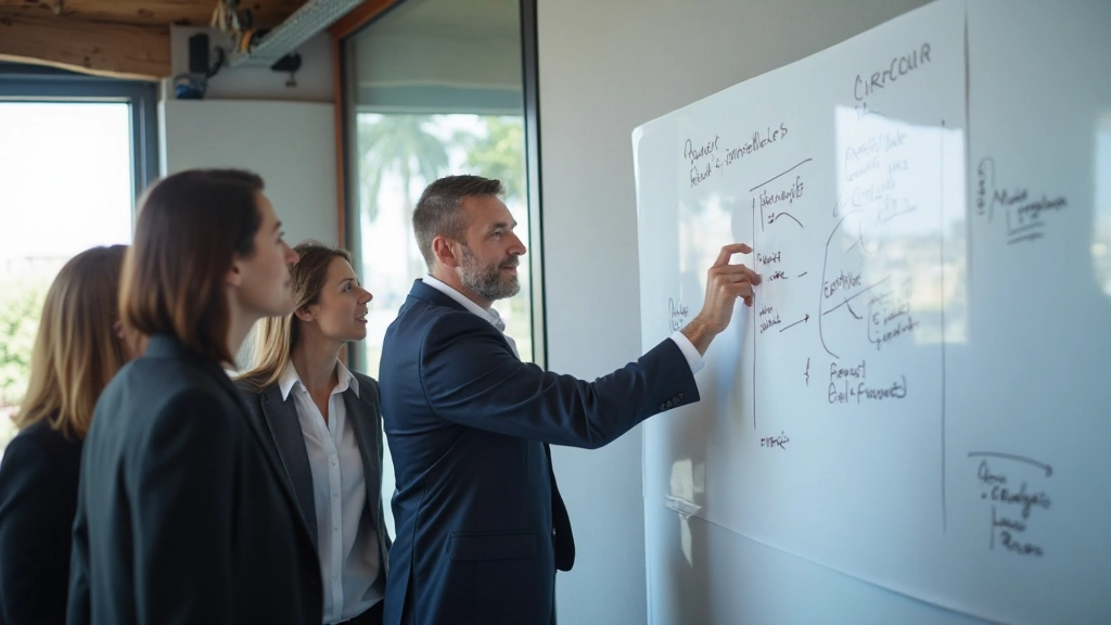 Business-Strateg entwickelt Marktanalysediagramme auf Whiteboard zusammen mit Team in modernem Konferenzraum