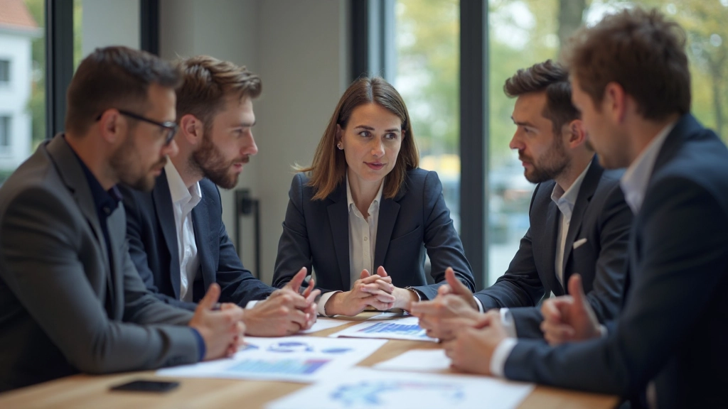 Team von Geschäftsleuten bespricht Geschäftsstrategie anhand von Marktdiagrammen an modernem Konferenztisch in professionellem Büro