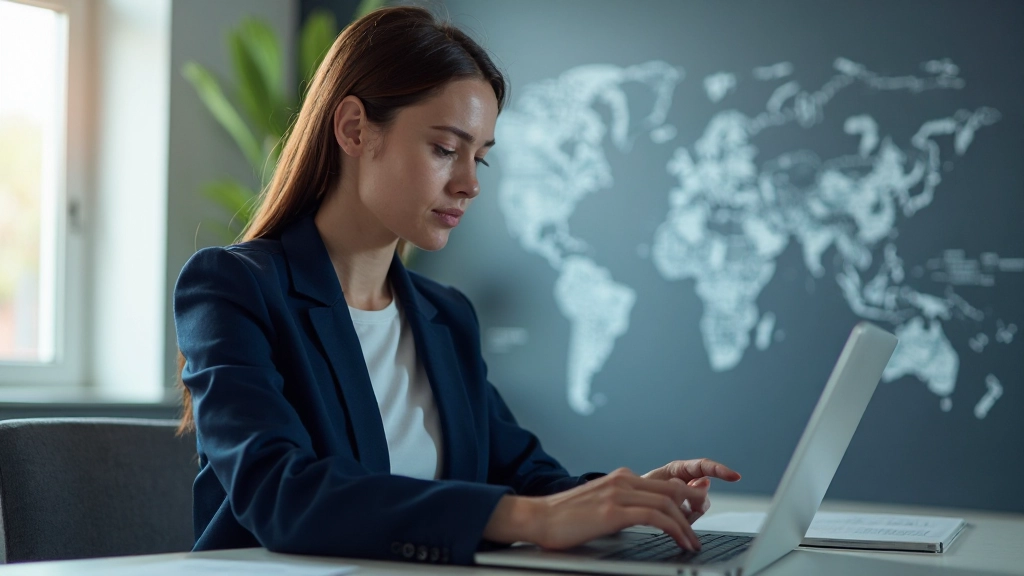 Geschäftsfrau analysiert internationale Marktdaten auf Laptop in modernem Büro mit Fensterblick