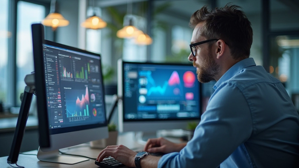 Professionelles Foto eines E-Commerce-Unternehmers, der mehrere Verkaufskanäle auf einem Dashboard überwacht, modernes Büro mit mehreren Monitoren, natürliche Beleuchtung von links, verschwommener Hintergrund, KEIN Text, KEINE Wasserzeichen