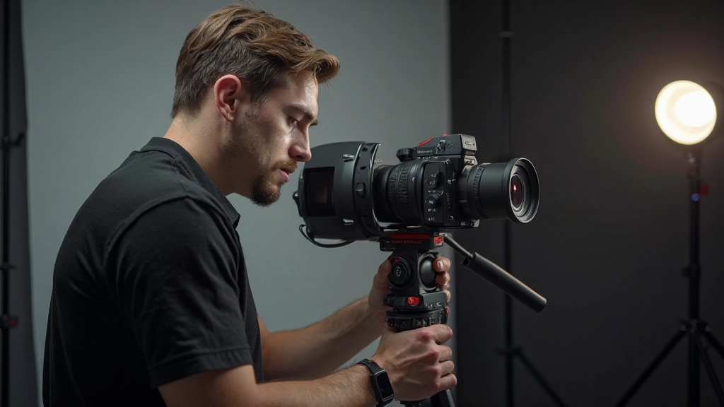 Content-Creator bei der Produktion eines Videos mit professioneller Kameraausrüstung und Beleuchtung in einem modernen Studio-Setup