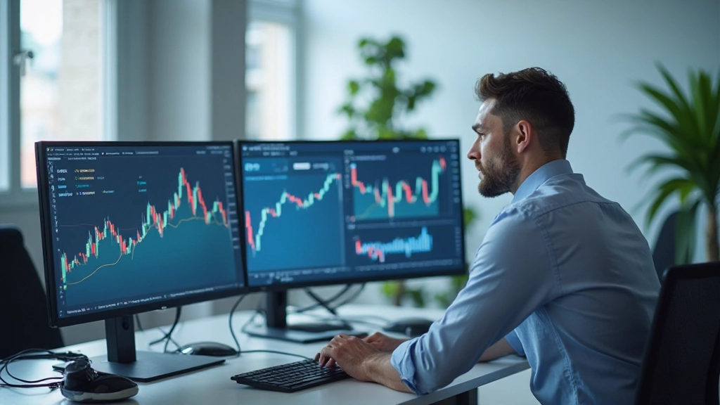Professioneller Analyst arbeitet an Marktanalyse mit Diagrammen und Daten auf modernem Monitor in hellbeleuchtetem Büro
