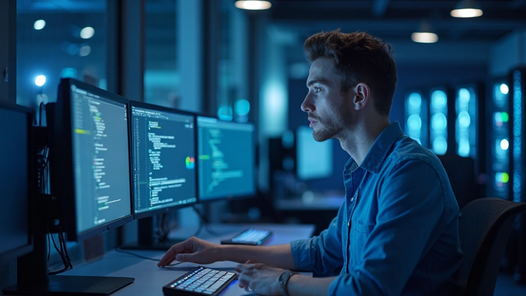 Techniker arbeitet an KI-Trainingssystem mit Codezeilen und Machine-Learning-Modellen auf mehreren Bildschirmen