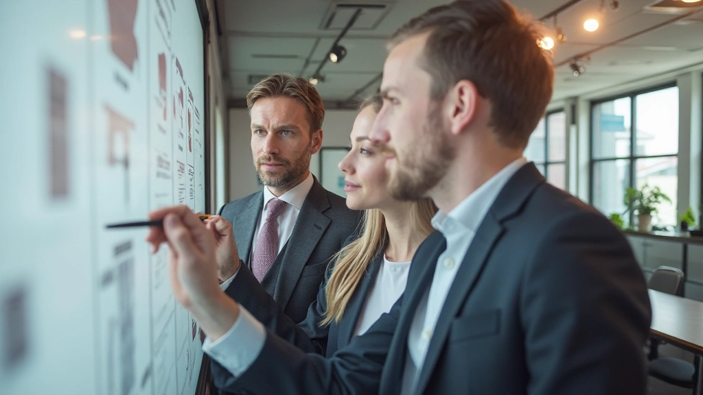 Team entwickelt Geschäftsplan mit Whiteboard und Notizen