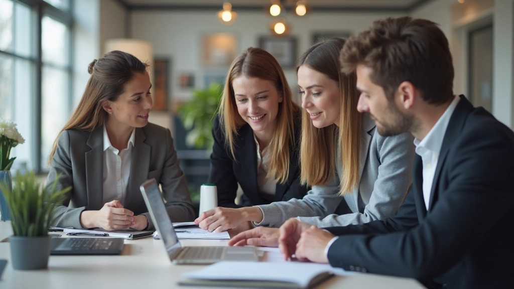 Team von Online-Unternehmern arbeitet zusammen an Community-Strategie in modernem Büro