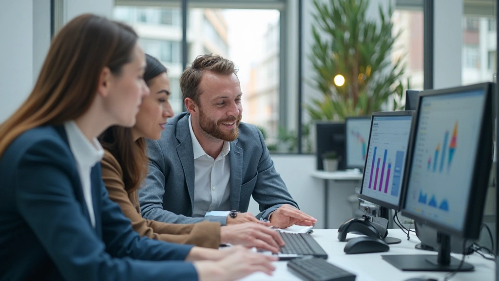 Team von Analysten arbeitet zusammen an Datenprojekt mit Laptops und großem Monitor in modernem Büro