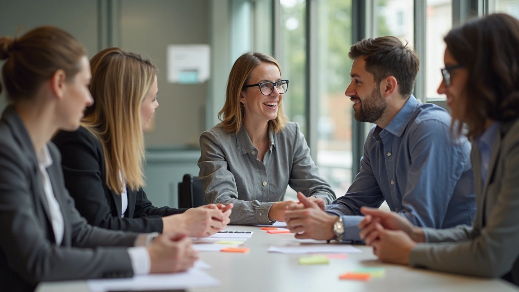 Team bespricht Kundenfeedback und Bewertungen in Meeting, bunte Notizen an Whiteboard