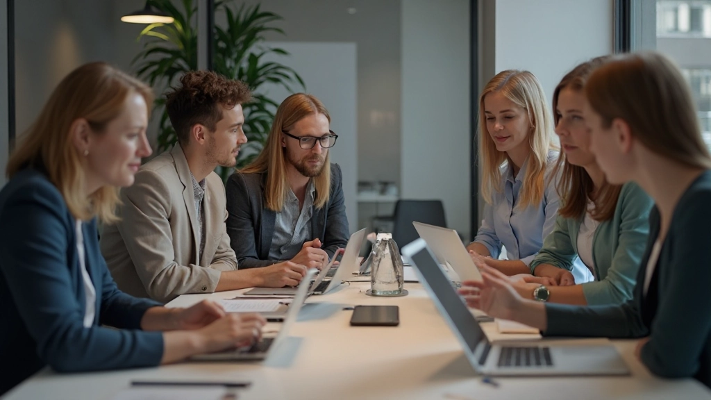 Team von Fachleuten diskutiert Automatisierungsstrategien an Konferenztisch mit Laptops und Notizblöcken