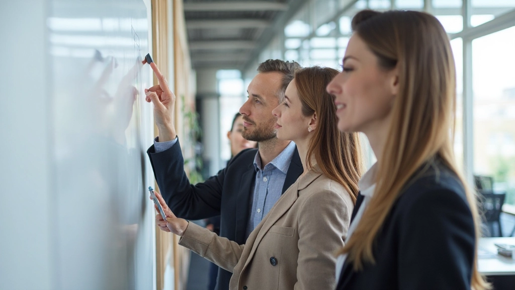 Diverse Gruppe von Teamkollegen, die gemeinsam an einem Projekt arbeiten und positive Zusammenarbeit zeigen, modernes Büroumfeld, natürliches Licht