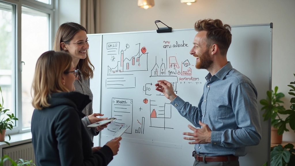 Team von E-Commerce-Profis in Besprechung mit KI-gestützten Verkaufsmetriken auf Whiteboard