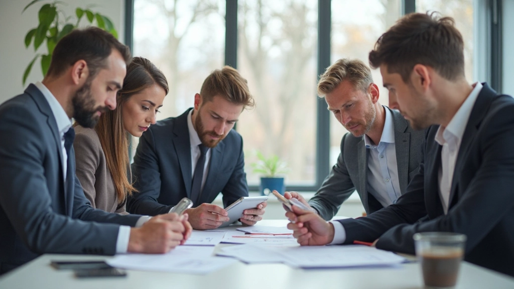 Team von Fachleuten in einem modernen Büro diskutiert Geschäftswachstum und Skalierungsstrategie um einen großen Konferenztisch