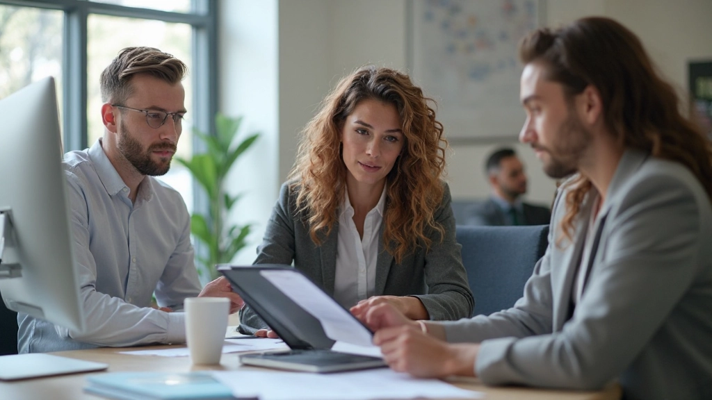 Junges Team von Marketingfachleuten, das zusammen an digitalen Kampagnen arbeitet, modernes Büro mit großem Monitor, tageslicht durch Fenster