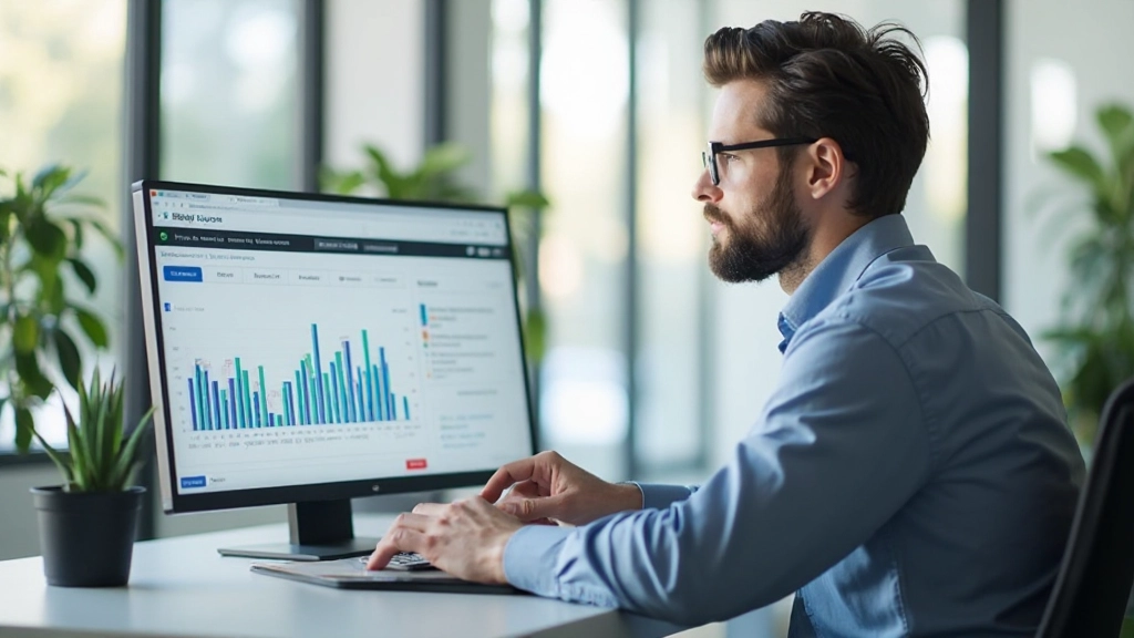 Moderne E-Commerce-Plattform-Schnittstelle mit Verwaltungsdashboard und Produktkatalog auf großem Monitor in professionellem Büro