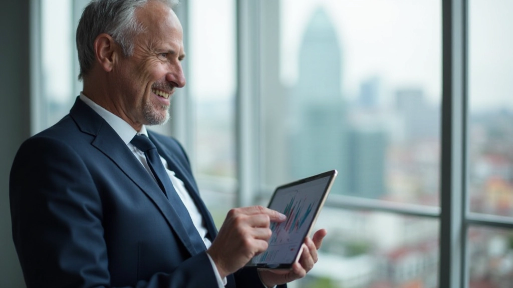 Erfolgreicher Unternehmer blickt auf Finanzübersicht mit Zufriedenheit