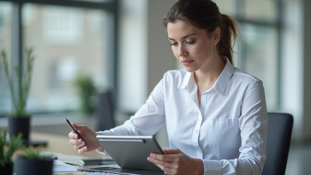 Person mit Tablet überprüft Social Media Feeds und Marktdaten auf mehreren Bildschirmen