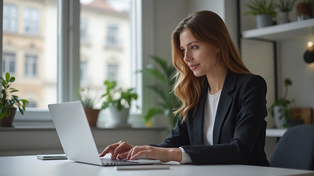 Unternehmerin richtet Shop-Plattform ein am Laptop mit verschiedenen Produktbildern