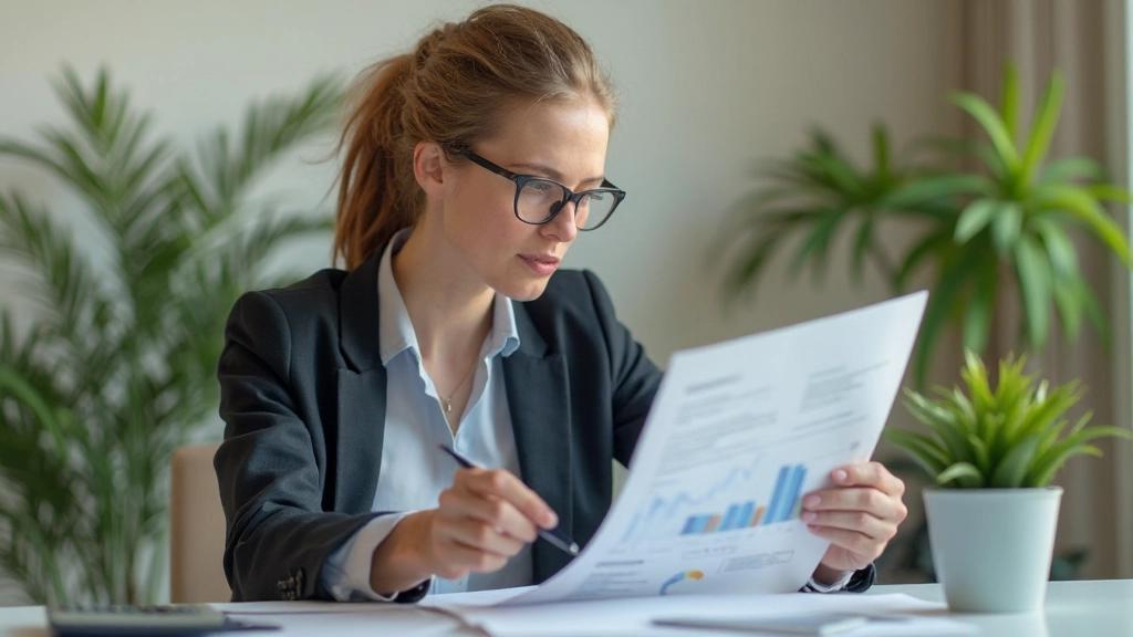 Person führt regelmäßige Finanzüberprüfung durch mit Jahresbericht und Taschenrechner