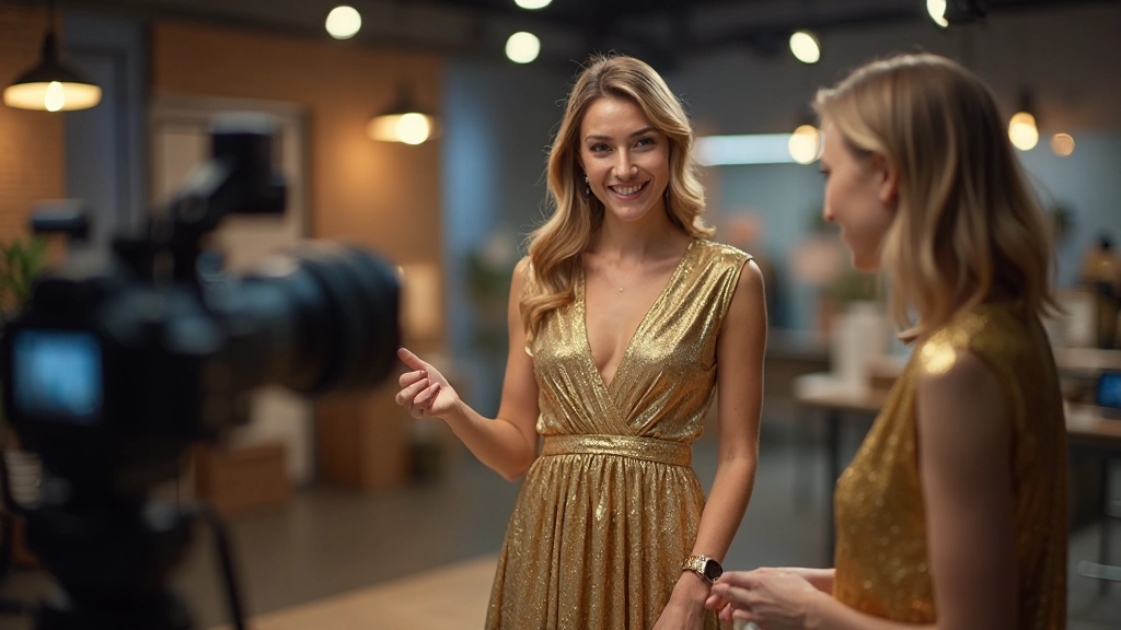 Live-Shopping-Moderatorin präsentiert Produkt enthusiastisch vor Kamera mit aktivem Chat-Fenster im Hintergrund, moderne E-Commerce-Setup