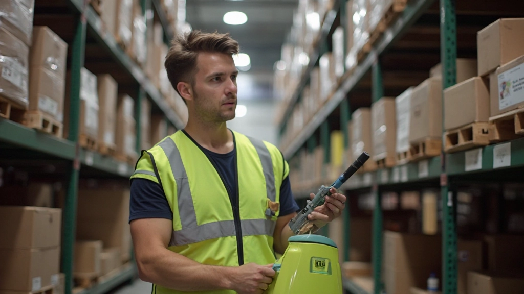 Organisiertes Lagersystem mit farblich gekennzeichneten Behältern und digitalem Tracking-System