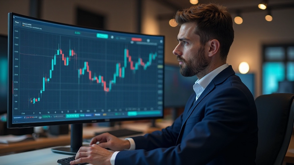 Analyst interpretiert Marktdiagramme und Statistiken auf großem Bildschirm