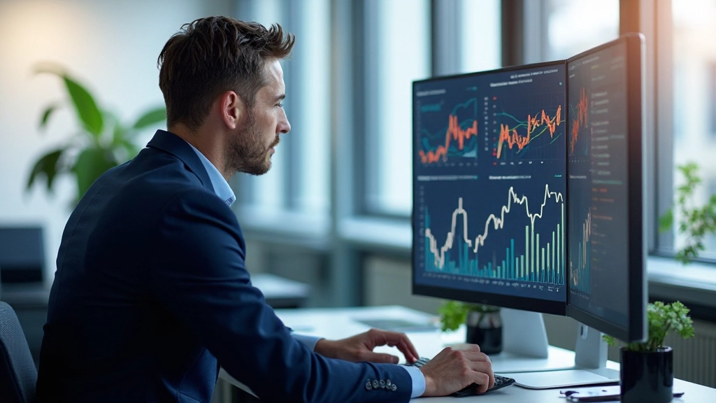 Moderner E-Commerce-Manager analysiert digitale Marktdaten auf großem Monitor in modernem Büro mit Fensterblick