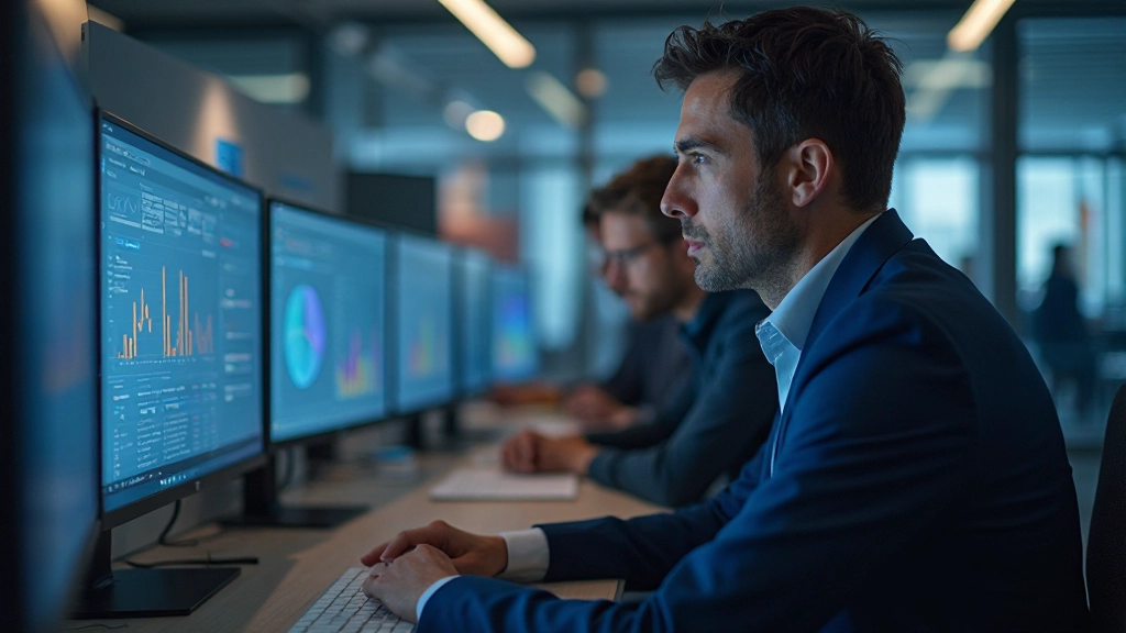 Detaillierte Geschäftsmetriken und KPI-Dashboard auf mehreren Monitoren zeigen Wachstumstrends und Leistungsindikatoren