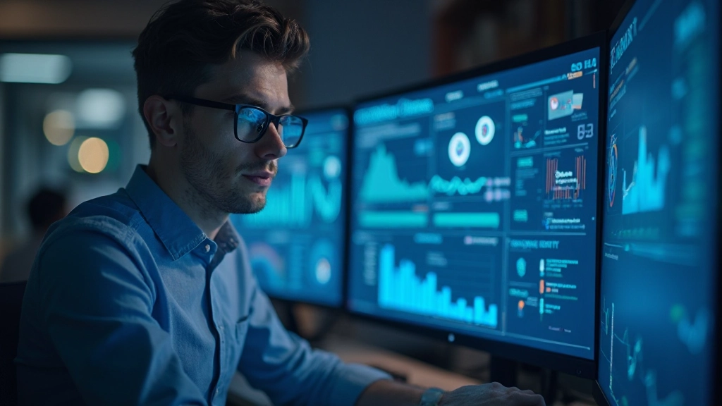 IT-Spezialist überprüft Automatisierungssoftware auf mehreren Monitoren mit Dashboards und Metriken
