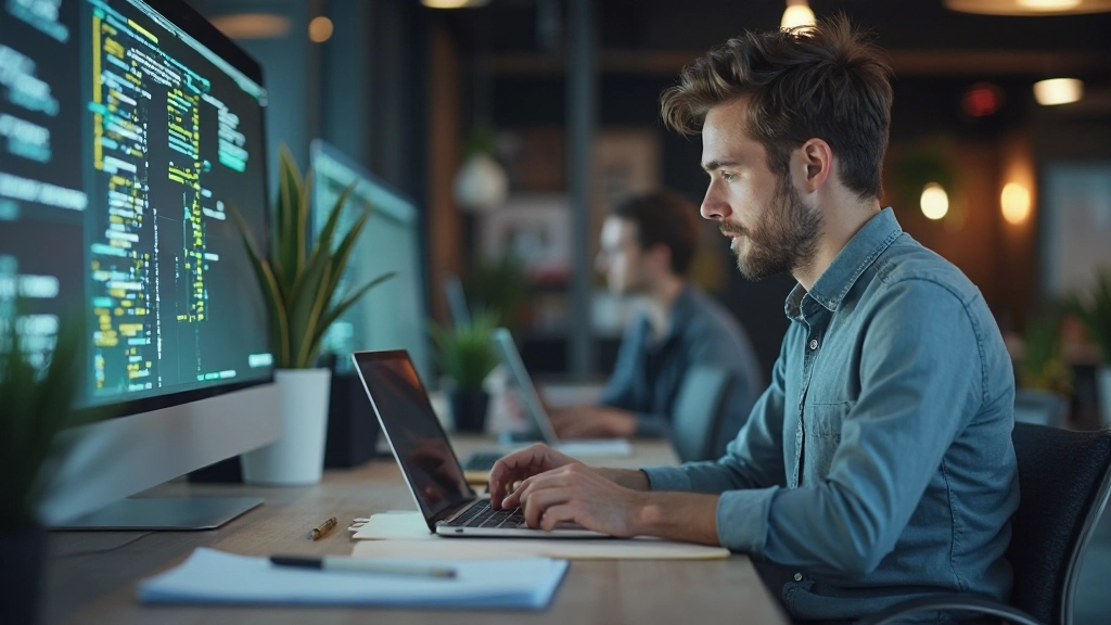 Entwickler und Projektmanager implementieren digitale Lösungen mit modernen Tools und Technologie am Schreibtisch