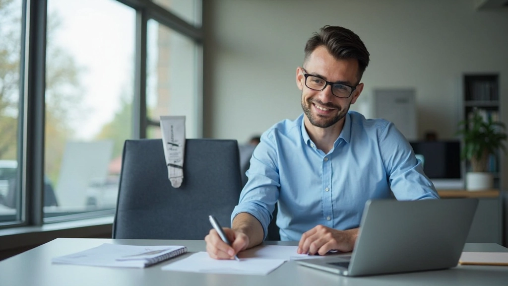 Unternehmer arbeitet an Geschäftsplan mit Laptop und Notizen