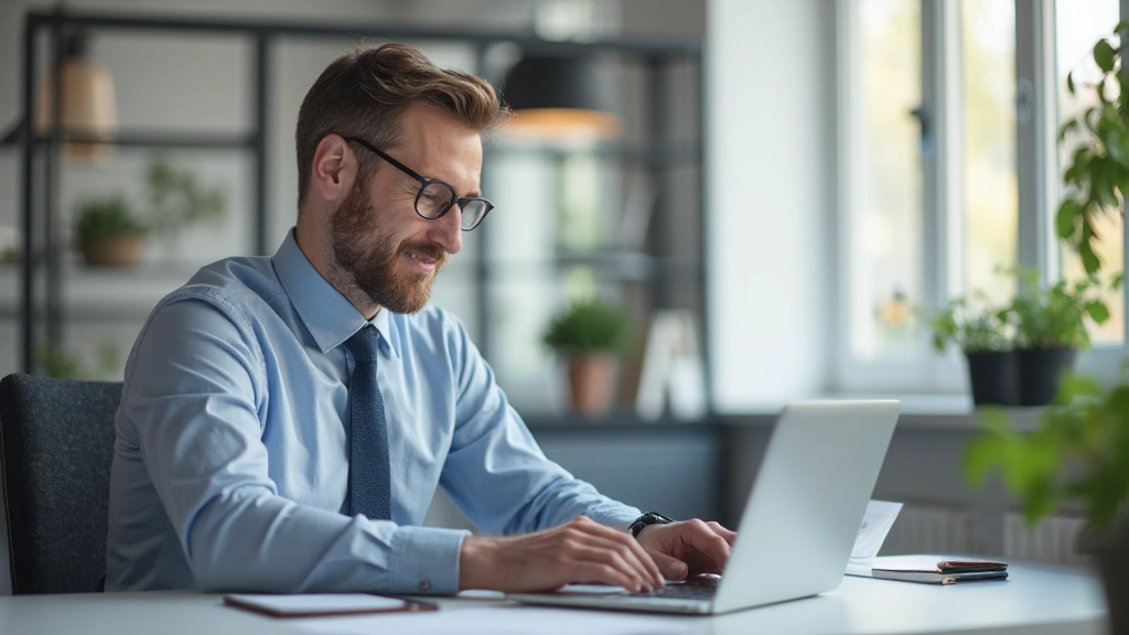 Professionelles Foto eines Unternehmers beim Überprüfen von Bestellungen am Laptop in modernem Büro