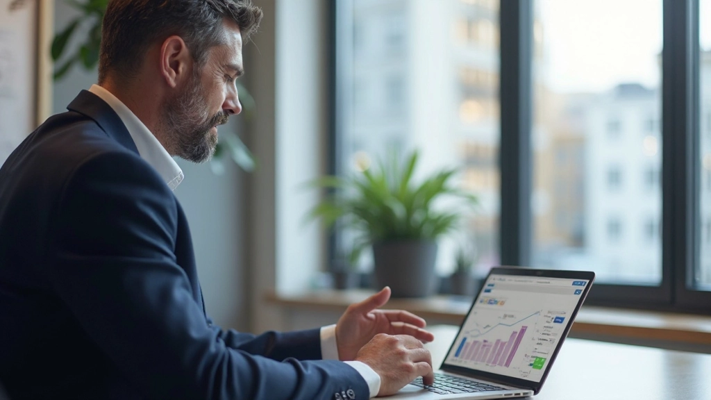 Geschäftsleiter bei der Planung von Wachstumsstrategien an einem modernen Arbeitsplatz mit Analysen und Grafiken
