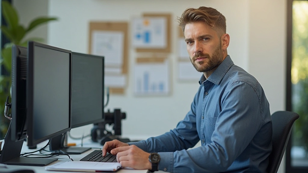 Geschäftsmann frustriert vor Computerbildschirmen, die Fehler und Warnsignale zeigen
