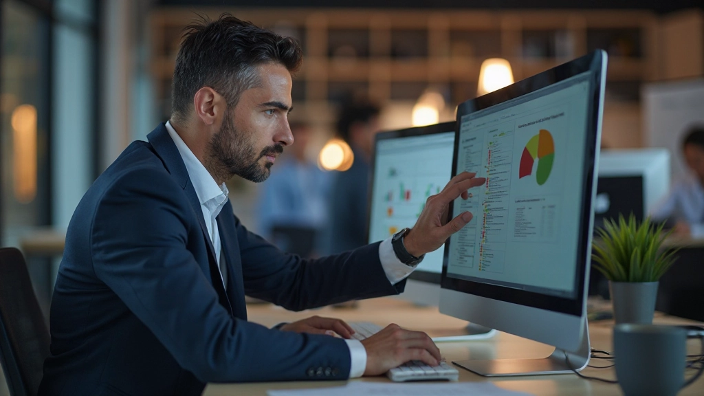 E-Commerce-Geschäftsführer wählt KI-Lösung am Computer mit verschiedenen Software-Optionen auf dem Bildschirm