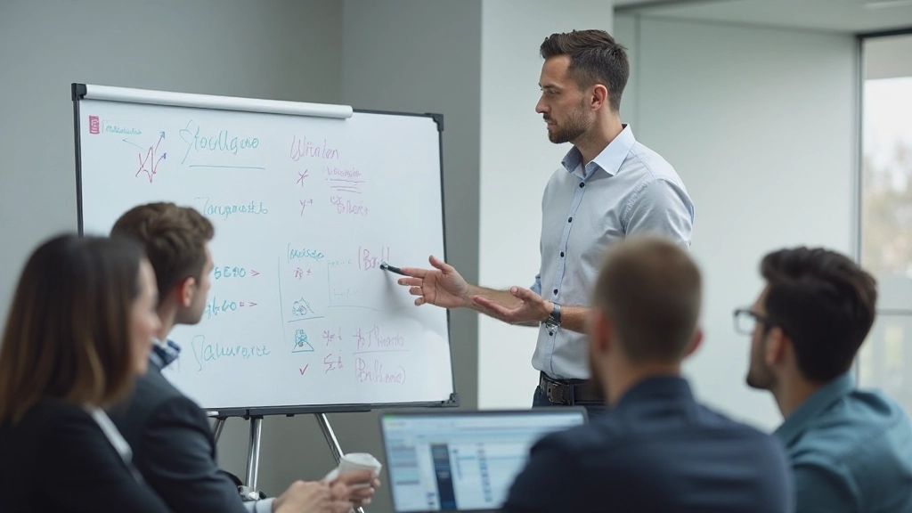 Strategischer Planungsprozess mit Moderator erklärt Community-Aufbau-Strategie vor Whiteboard