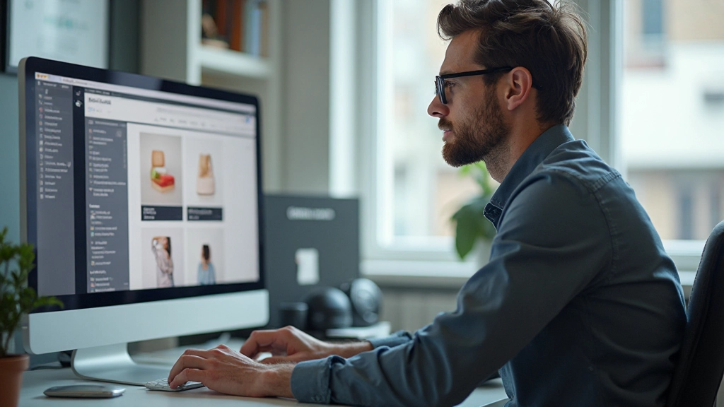 Grafikdesigner bearbeitet Produktfotos mit Bildbearbeitungssoftware, optimiert Farben und Helligkeit