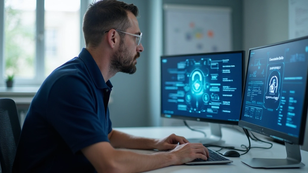 Professionelles Bild eines IT-Sicherheitsexperten, der an einem Laptop arbeitet und Netzwerkschutzmaßnahmen überwacht