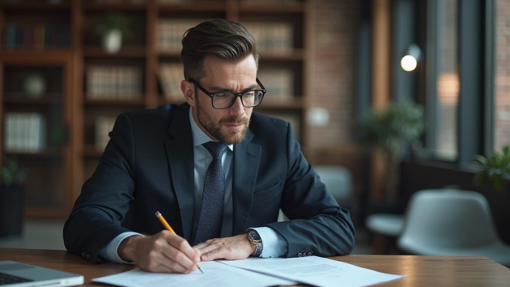 Professionelle Darstellung eines Rechtsberaters bei der Überprüfung von Compliance-Dokumenten in einem modernen Büro
