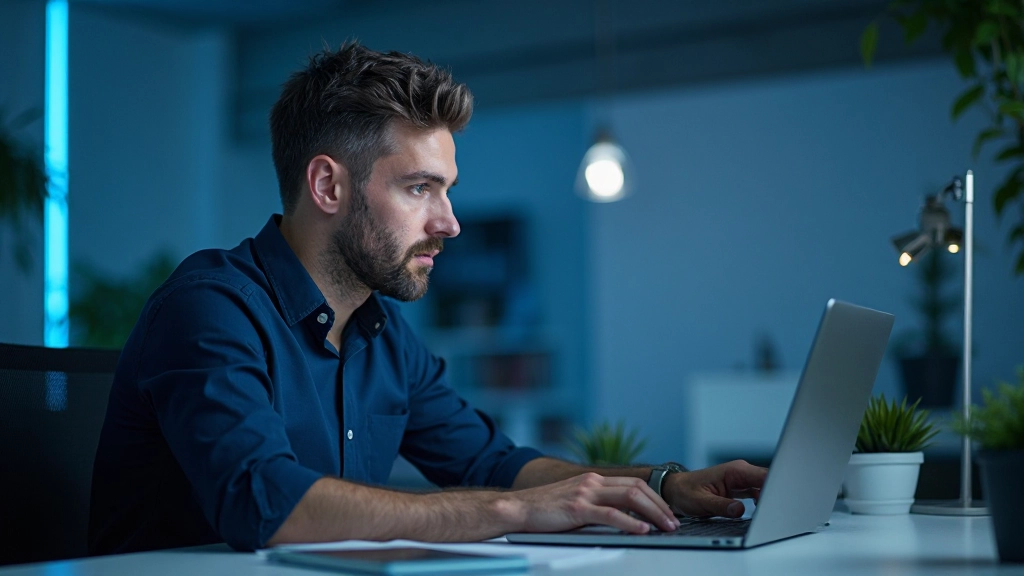 Professionelles Foto eines Online-Marketers, der Retargeting-Kampagnen auf seinem Laptop analysiert, modernes Büro mit blauem Licht, unscharfer Hintergrund