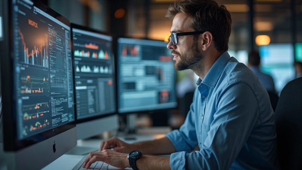 Professionelle Datenanalyse auf modernem Computerbildschirm mit Diagrammen und Metriken in einem professionellen Geschäftsumfeld