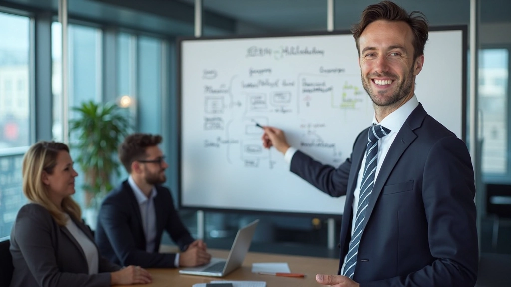 Marketingfachperson präsentiert digitale Strategieplan auf Whiteboard vor Teamkollegen, modernes Konferenzumfeld, professionelle Beleuchtung