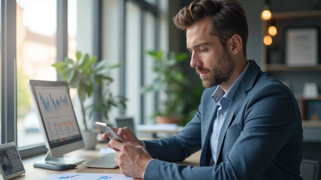 Smartphone mit Marketing-Analyse-Dashboard auf einem modernen Schreibtisch