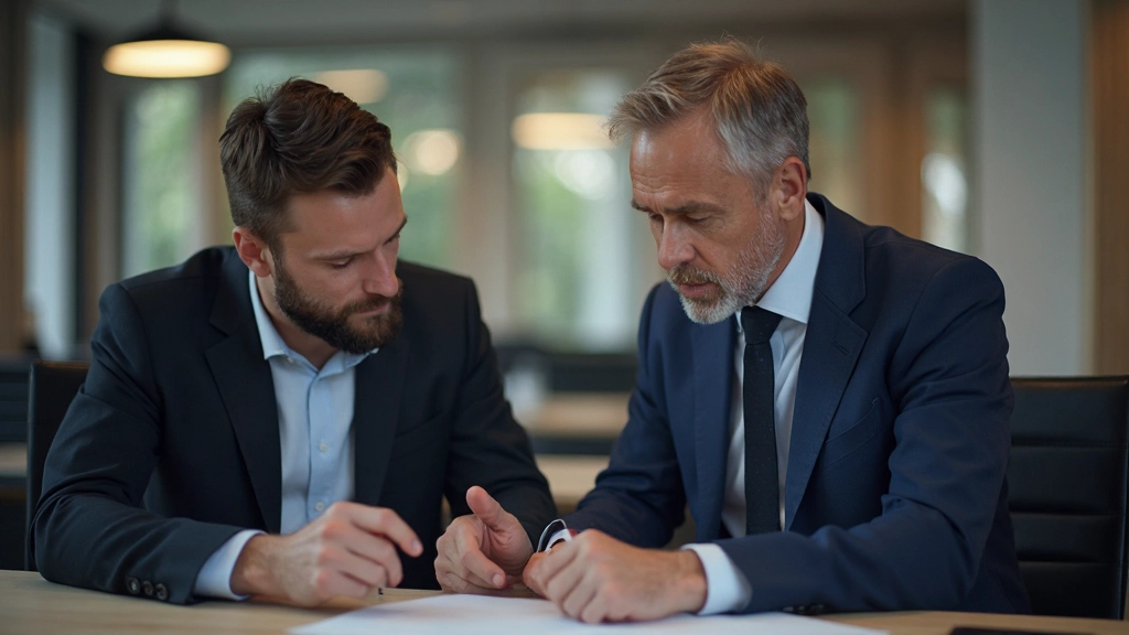 Mentoring-Sitzung zwischen erfahrenem Führungskraft und jungem Teamkollegen, Diskussion über Karriereentwicklung, warmes Bürolicht