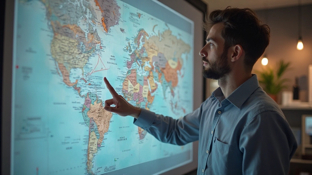 Weltkarte mit farbigen Markierungen zeigt internationale E-Commerce-Standorte und Handelsrouten