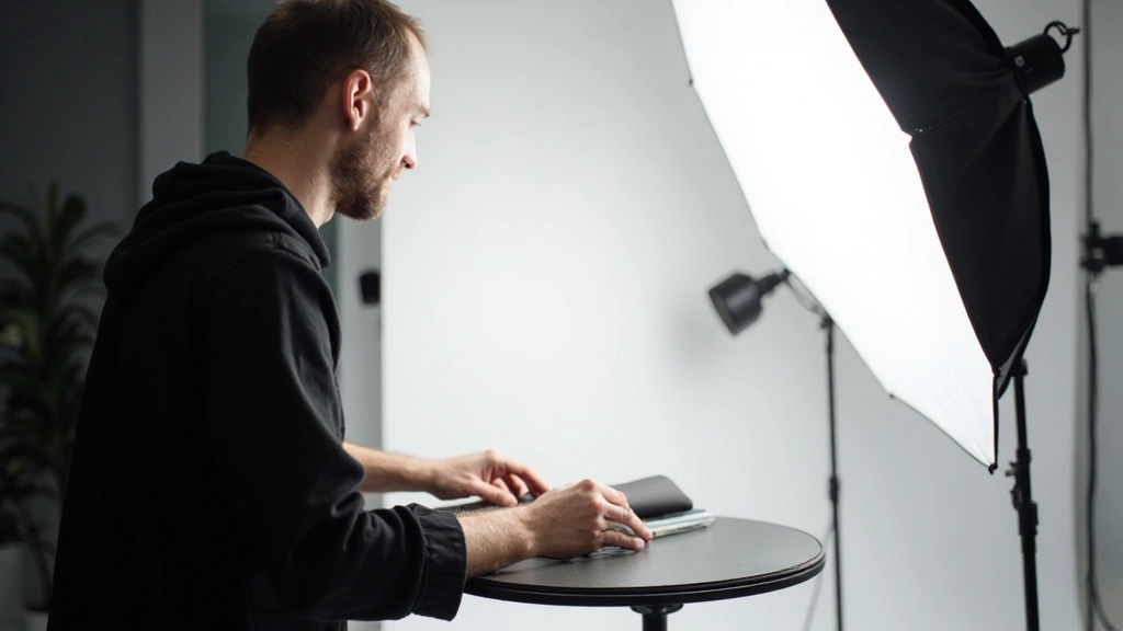 Fotografin bei der Arbeit mit professioneller Beleuchtung, Reflektoren und Diffusoren bei der Produktfotografie