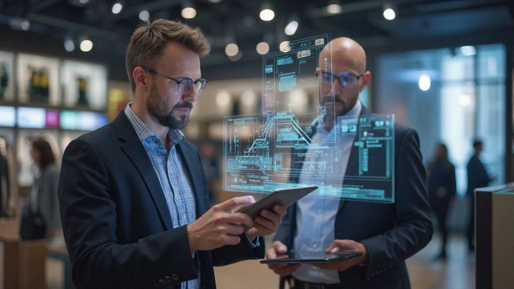 Moderne Einzelhandelsfläche mit AR-Technologie-Integration und digitalen Anzeigetafeln in zeitgenössischem Design