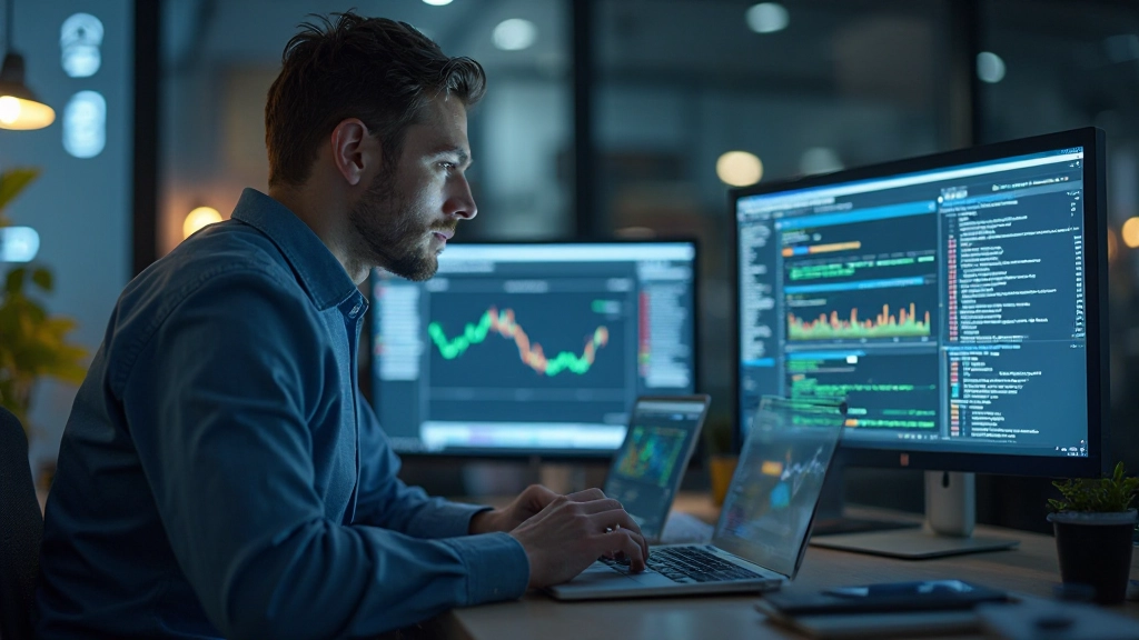 Foto eines Tech-Spezialisten, der an der Konfiguration eines Integrationstools arbeitet, mit mehreren Browserfenstern auf dem Monitor, modernes Tech-Büro, weiches LED-Licht, verschwommener Hintergrund, KEIN Text, KEINE Wasserzeichen